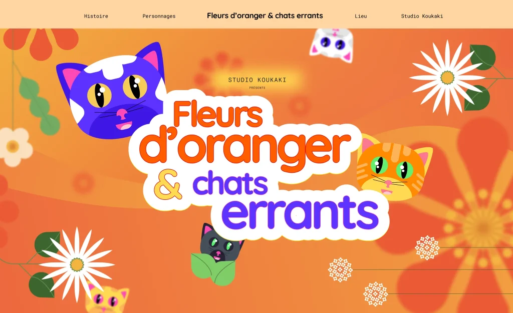 Page d’accueil du site Fleurs d’oranger & chats errants avec des illustrations de chats et de fleurs sur fond orange.
