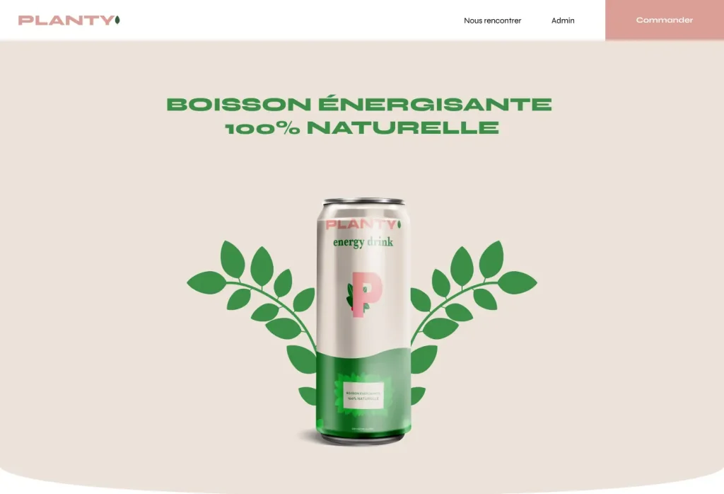 Page d’accueil du site Planty présentant une boisson énergisante naturelle.