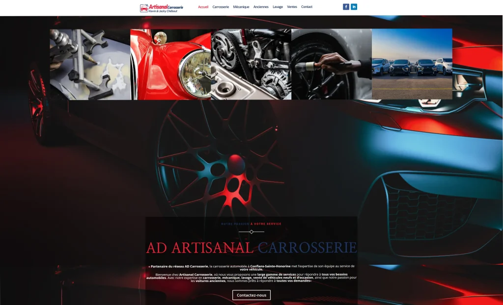 Page d’accueil du site Artisanal Carrosserie avec des visuels liés à la carrosserie, à la mécanique et aux véhicules.