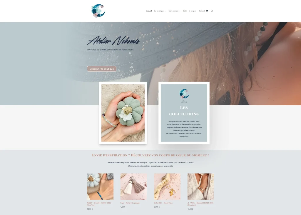 Page d’accueil du site Atelier Nokomis présentant des bijoux, accessoires et décorations artisanales.