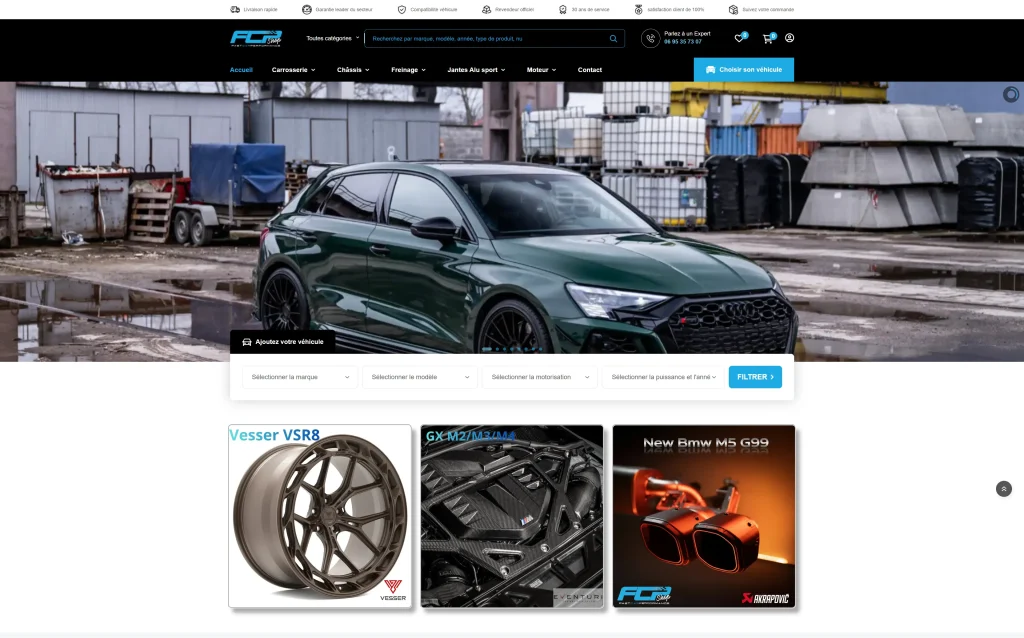 Page d’accueil du site FCP Shop avec un véhicule, un filtre de recherche par véhicule et des produits automobiles mis en avant.