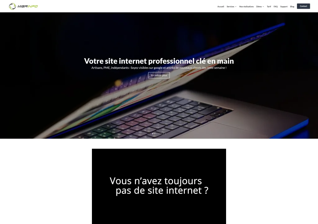 Page d’accueil du site Migrinfo présentant une offre de création de site internet professionnel clé en main.