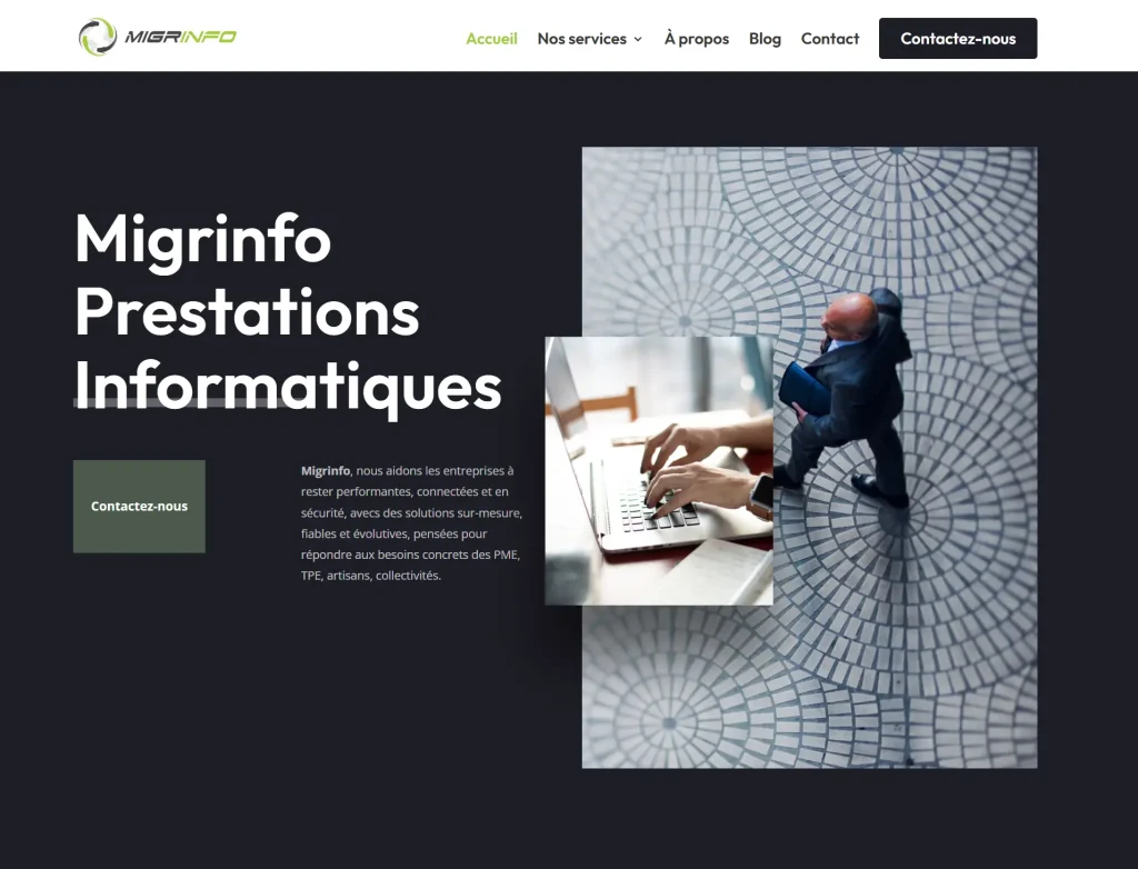 Page d’accueil du site Migrinfo présentant des prestations informatiques pour les entreprises.