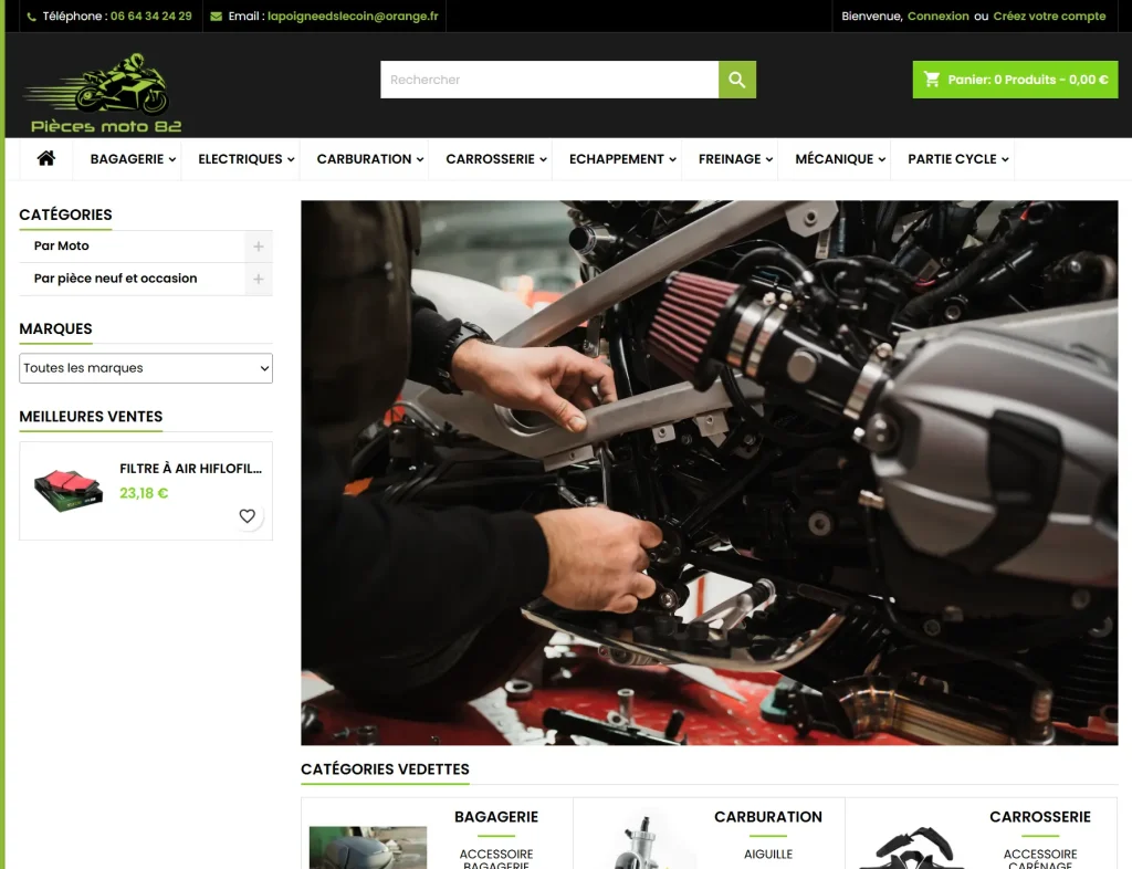 Page d’accueil du site Pièces Moto 82 présentant une boutique en ligne de pièces et accessoires pour moto.