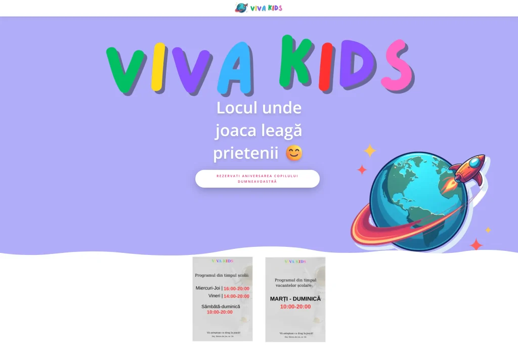 Page d’accueil du site Viva Kids avec une illustration colorée de la Terre et d’une fusée.