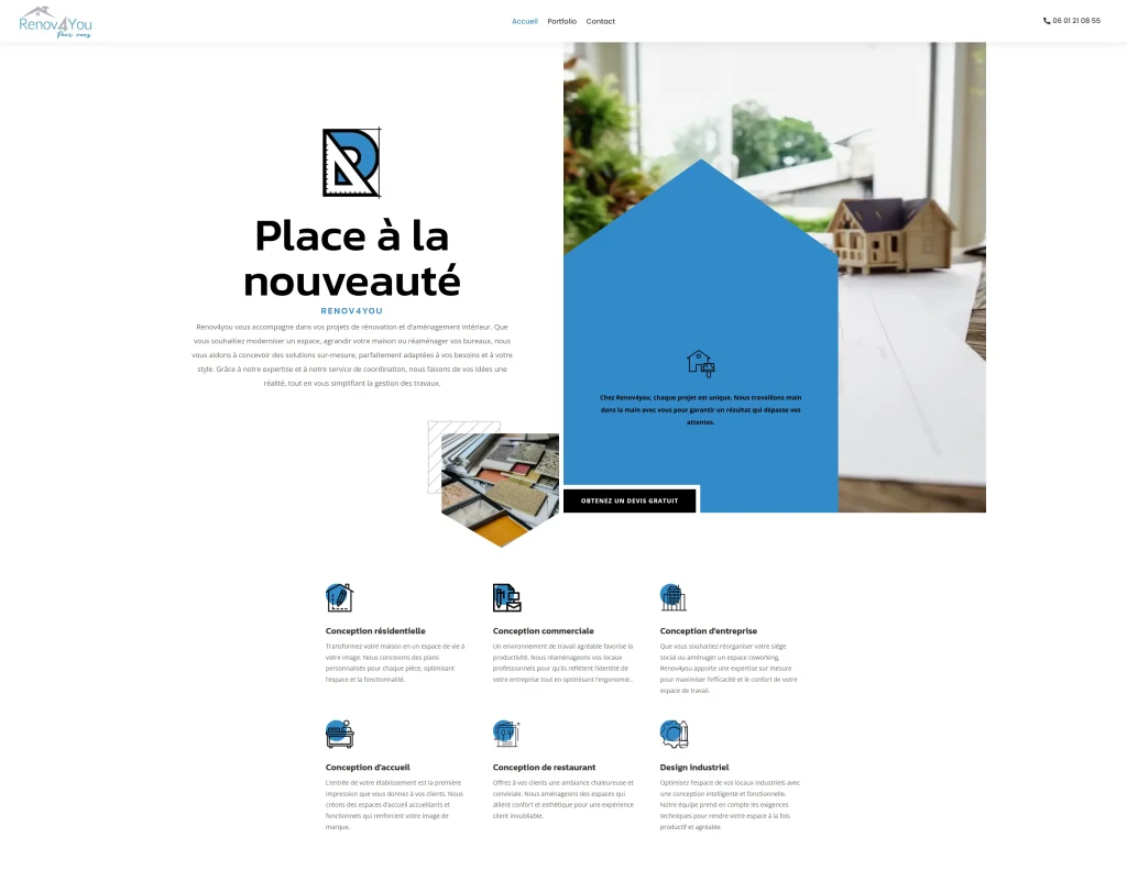 Page d’accueil du site Renov4You présentant des services de rénovation et d’aménagement intérieur.